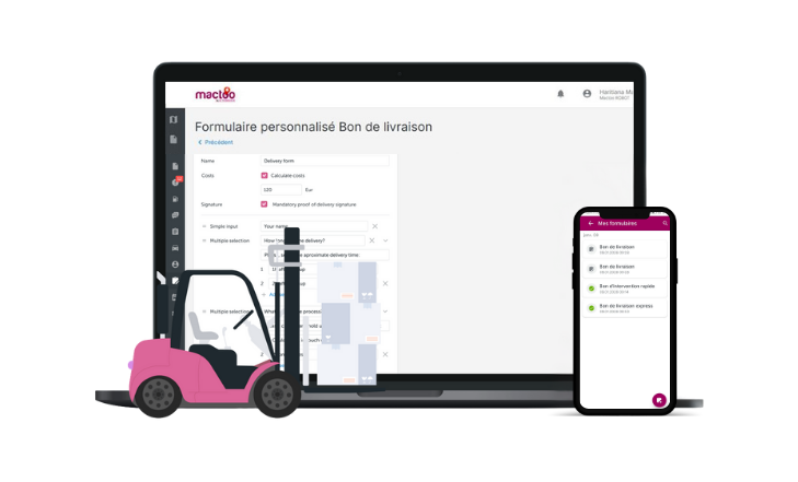Formulaire digital de bon de livraison Mactoo sur ordinateur et application mobile de suivi de flotte.